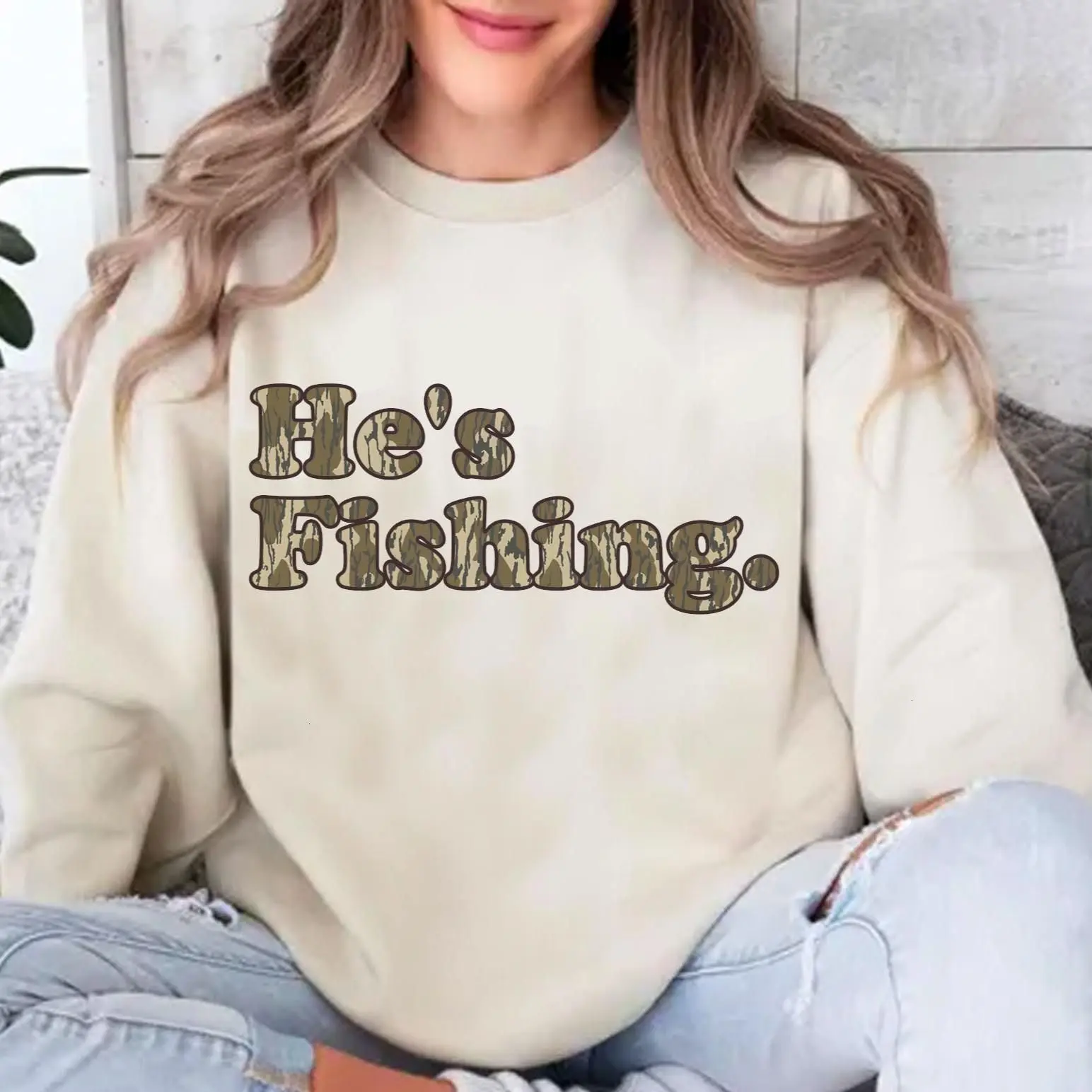Hes Fishing Camo T Shirt Sweatshirt, Bottomland Pattern Graphic, Fishing Hunting Outdoors Outfit, Unisex Casual Apparel