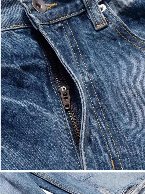 New Men Holes Loose Regular Fit Jeans Trousers Solid Stylish Men's Streetwear Ripped Distressed Straight Denim Pants