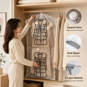  Extra Large Hanging Vacuum Compression Storage Bag | Thickened Organizer, Elongated Design, No Power Required, Clothing Protection And Space Saver Dustproof Cover, Ideal for Seasonal Clothing & Home Closet Organization