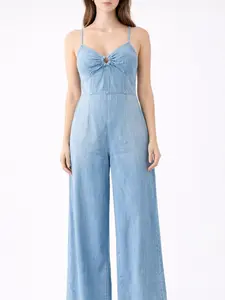 Women's Light Wash Denim Wide Leg Jumpsuit – Sleeveless Ruched Bodice One-Piece