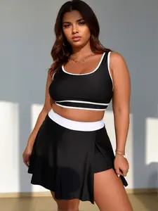 Plus Size Black White 2 Piece Tennis Skirt Set - High Waisted Ruffle Hem Athletic Skort with Sports Bra Workout Yoga Running Activewear