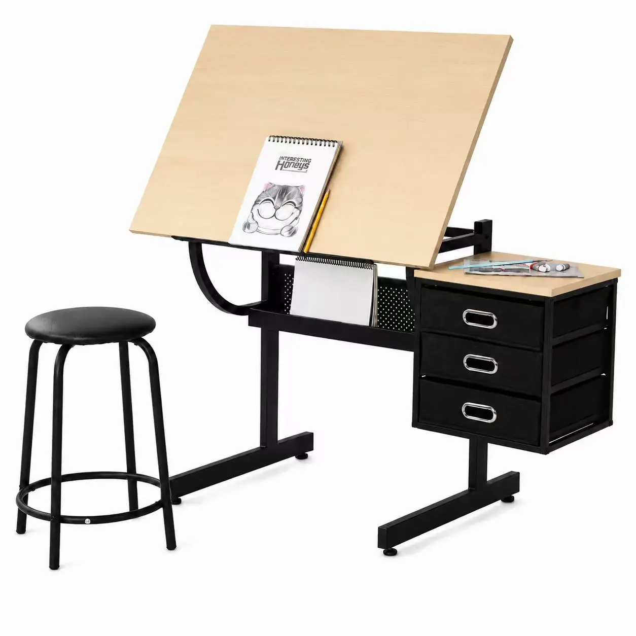 Maple tabletop Adjustable drafting drawing table for Crafting, Reading, Writing with stool and 3 Storage drawers