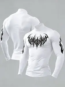 Dark Gothic Red Graphic Compression Long Sleeve - Stretch Fabric Gym Workout Tops, Athletic Style Activewear, Streetwear Aesthetic Top, Edgy Y2K Outfit for Men, Spooky Print Athletic Shirt, Home Gym/Urban Style Looks, Bold Statement Piece