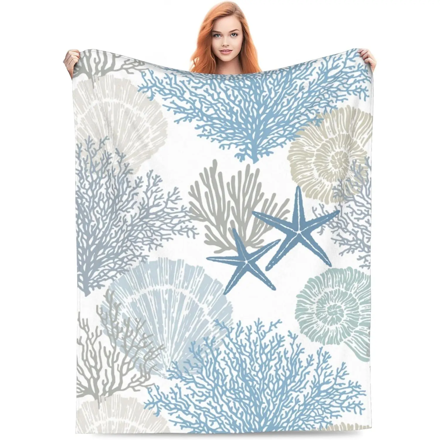 Nautical Beach-Themed Throw Blanket, Coral Coast Design with Starfish & Seashells, Breathable Lightweight Colorful Fuzzy Decorative Cover Blanket, Soft Fleece for Sofa/Couch/Bed, Adult Birthday Gift, Beach-Themed Blankets, Breathable Lightweight Blankets