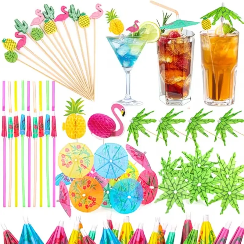 180PCS Bamboo Cocktail Drink Accessories Set - Assorted Styles Mini Umbrellas, Straws, Toothpicks, Decorative Sticks for Tiki Bar, Aloha Tropical Hawaiian Luau Party Decorations