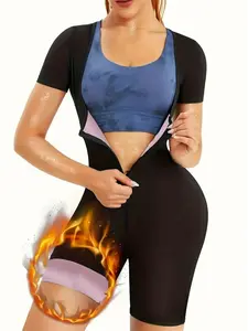 Women's Solid Color Sauna Shapewear Bodysuit, Yoga Jumpsuits, Sweat-Enhancing Workout, Plain Zip Front Design, Tight-fit Short Sleeve Shapewear Jumpsuit, Tummy Control & Butt Lift Design, Suitable for Sports