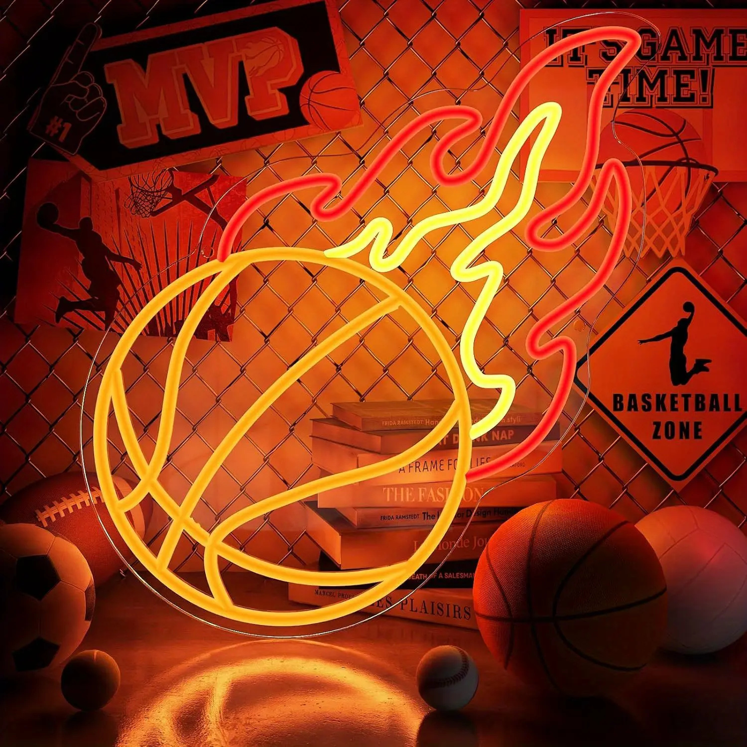 Serbasic Basketball Neon Sign, Orange Red Yellow Basketball Fire Led Sign for Boys Bedroom Wall Decor, Dimmable Basketball Flame Light Up Sign for Man Cave Kids Gift Sports Fans Birthday Party Room Decoration