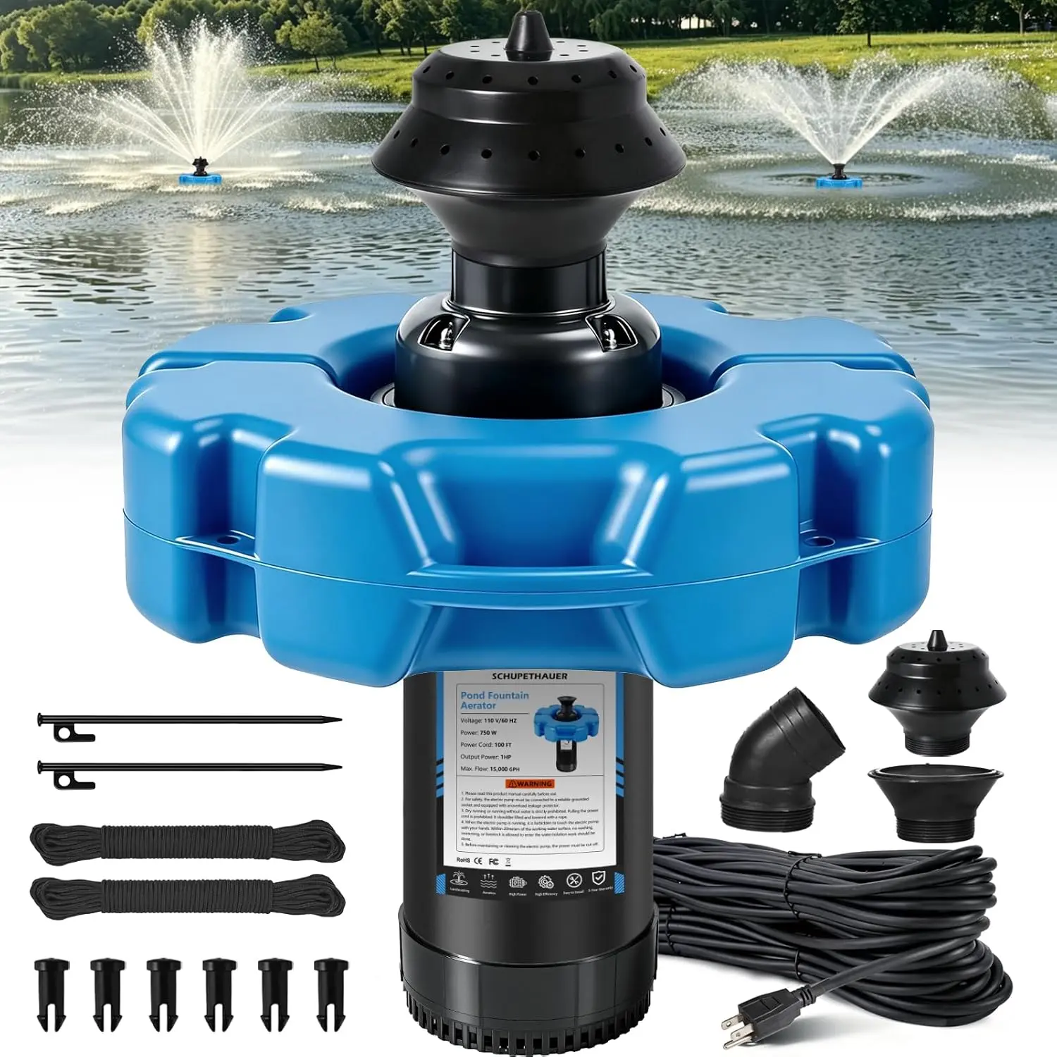 Pond Fountain  Aerator, 1HP 110V Floating Aerator Fountain Pump | for Larger Ponds Lakes, with Fireworks Fountain, 100FT Power Cord, Digital Timer, Gear Float, Built-in Handle, 100FT Rope