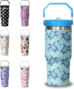 30 oz Blue Sea Turtle Tumbler with Handle and Flip Straw, Stainless Steel Insulated Cup with Lid and Straw, Travel Coffee Mug Water Bottle，Christmas Birthday Mothers Day Gifts for Women Animal Lovers