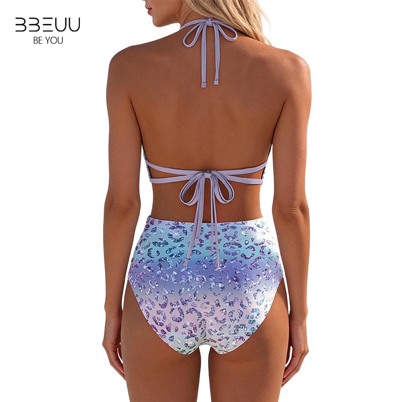 BBEUU Gradient Leopard Print High-Waisted Bikini Set with Adjustable Halter Tie-Back Top Ruched Waistband Durable Polyester Fabric in Pink Blue Purple Green Yellow Sizes S-3XL BBEUU Gradient Leopard Print High-Waisted Bikini Set with Adjustable Halter Tie-Back Top Ruched Waistband Durable Polyester Fabric in Pink Blue Purple Green Yellow Sizes S-3XL