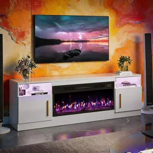 Aesthetic High Gloss Modern TV Stand, Electric Fireplace Entertainment Center With 36-Inch Electric Fireplace, Storage Cabinets For TVs Up To 80", Minimalist Living Room Furniture, Smart Home Essentials