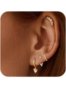 4 Pairs 14K Gold Plated Hypoallergenic Earrings Set for Women - Dainty Stud, Huggie, Small Hoop, and Dangle Cartilage Earrings for Multiple Piercings Stud Earrings Jewelry