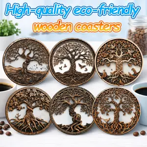 🌳🎁 Father‘s Day 6PCS Tree of Life Wood Coasters - 3.85 inch Non-Slip Heat Resistant Drink Mats for Home Office - Symbol of Growth Meaningful Gift for Dad Parents