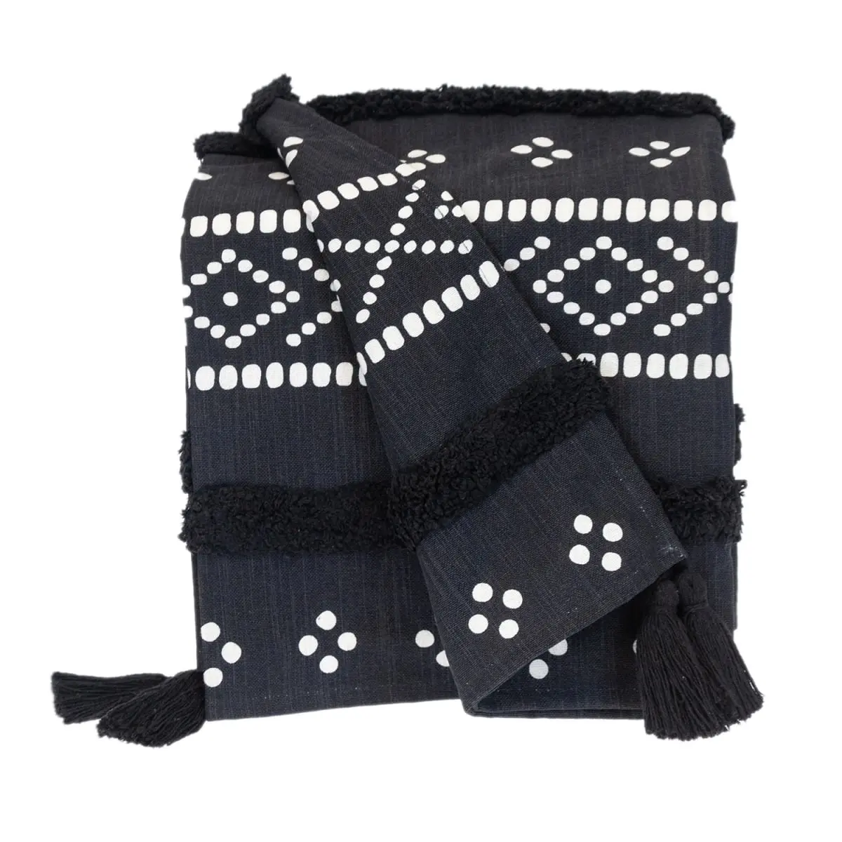 Parkland Transitional Stripes & Dots Cotton Throw Blanket - 50x60 in., 360-Degree Stand, Woven Technique, Tassel Ends, Black, Boho Style, Breathable Soft, Cozy Chic, Soft Comfy, for Home Office, Breathable Soft Blanket
