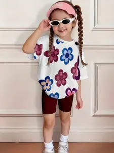 Vintage Colorful Floral Girls' Set Short Sleeve Top & Tight Shorts Two-Piece, Casual Style, Random Print, H-Type Silhouette