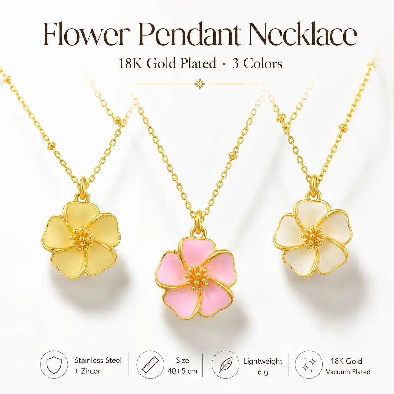 18K Gold Vacuum Plated Enamel Flower Pendant Necklace for Women, Stainless Steel Zircon Floral Charm Chain, Pink Butter Yellow Ivory White, Dainty Delicate Fashion Jewelry for Daily Wear Dating Birthday Anniversary Gift
