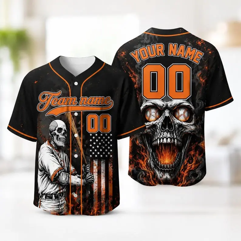 Personalized Skull Baseball Jersey, Custom Skeleton Team Shirt, Gothic Uniform Gift