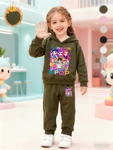 Girls' Cartoon Theme Fleece Set Hoodie + Pants, Kpop Demon Hunters Design, Cute Fall & Winter, Perfect Gift for Birthdays