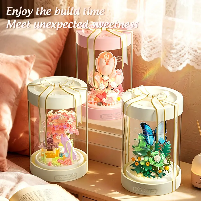 DIY Glowing Rose Building Block Flower Diorama Kit - Acrylic Gift Dome Set , Iris LED Night Light Base, Butterfly Decor, Whimsical Home Decor, Romantic Gift for Her Birthday Valentine Anniversary, Advent Valentine's Day Acrylic Dome