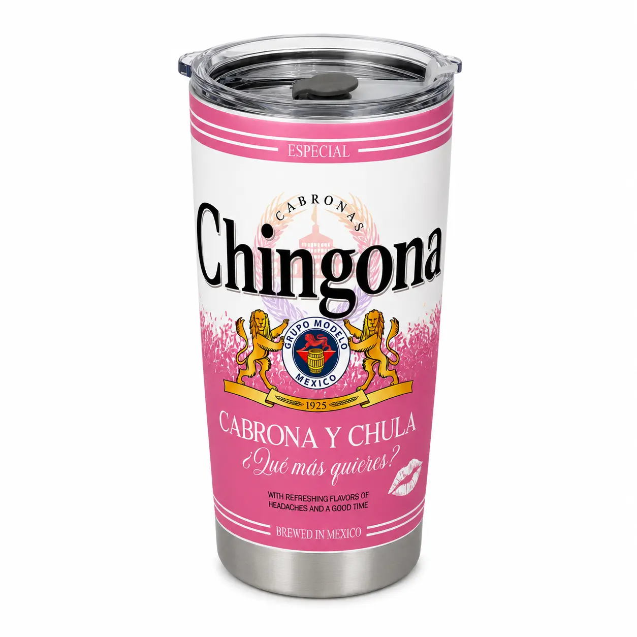 Women's 20oz (590ml) Thermal Insulated Stainless Steel Flask Mug - Modelo Inspired Chingona Print, Double Wall, Handle, Lid, Portable Travel Drinkware, Gift for Mother’s Day/Birthday, Keeps Beverages Chilled for 24 Hours