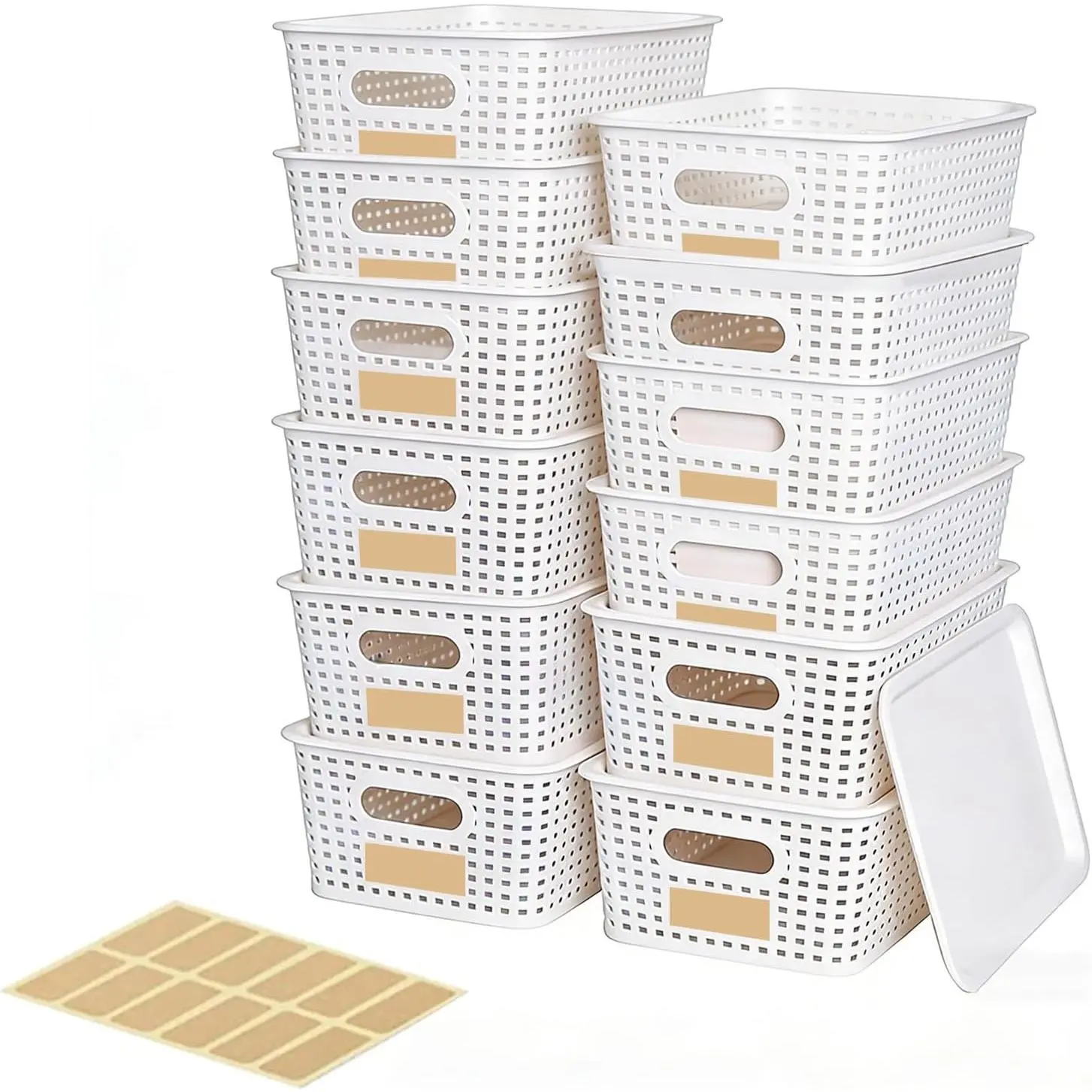12-Pack Small White Stackable Plastic Storage Baskets with Lids, Labels, Handles for Home Organization (10.2"x7.2"x4.1"), Decorative