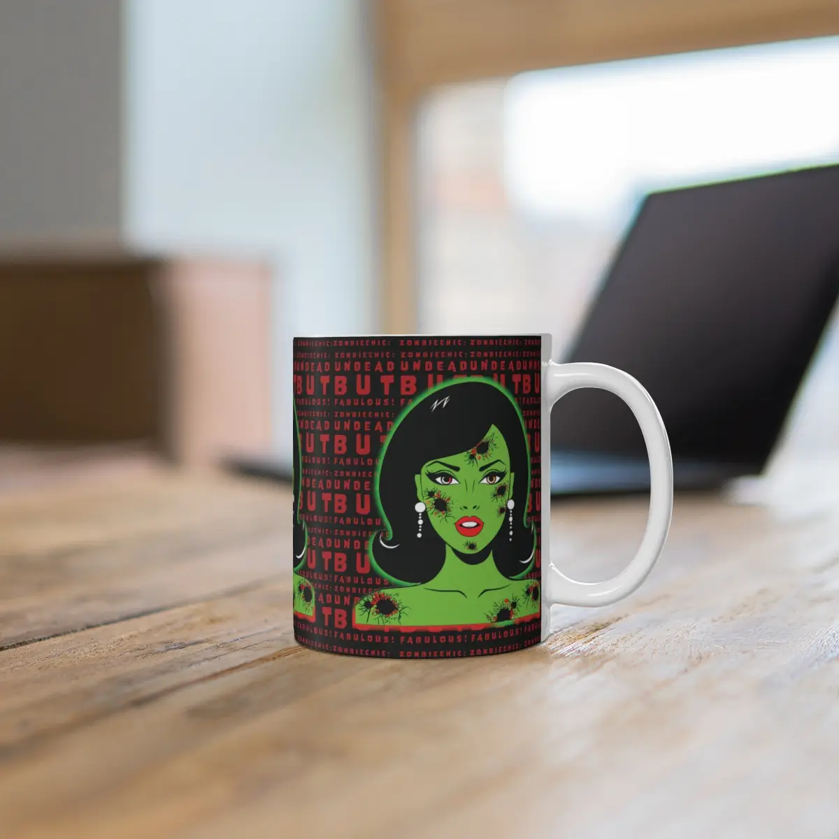 Zombie Chic: Undead Fabulous Pinup Mug – Retro 1950s Black-Haired Green-Skinned Zombie Halloween Rockabilly Mug (11oz)