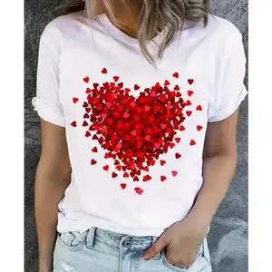 Heart Print T-shirt, Valentine Day T-shirt, Gift For Her, Breathable Soft Cotton, Casual Round Neck