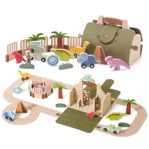 Wooden Dinosaur Train Set Toys for Toddlers Themed Dinosaur Toys for Kids Age 3+ Portable Dinosaur Set Toys with Expandable Felt Track for Kids Boys and Girls Gift New Year Gifts