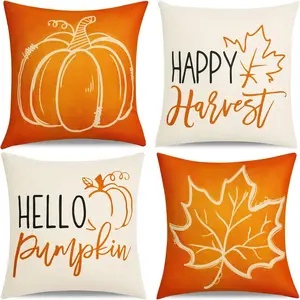 Fall Decor-Throw Pillow Covers 18x18 in Set of 4,Pumpkin Linen Pillow Case for Thanksgiving Couch Autumn Holiday  Outdoor Burnt Orange White Decorations