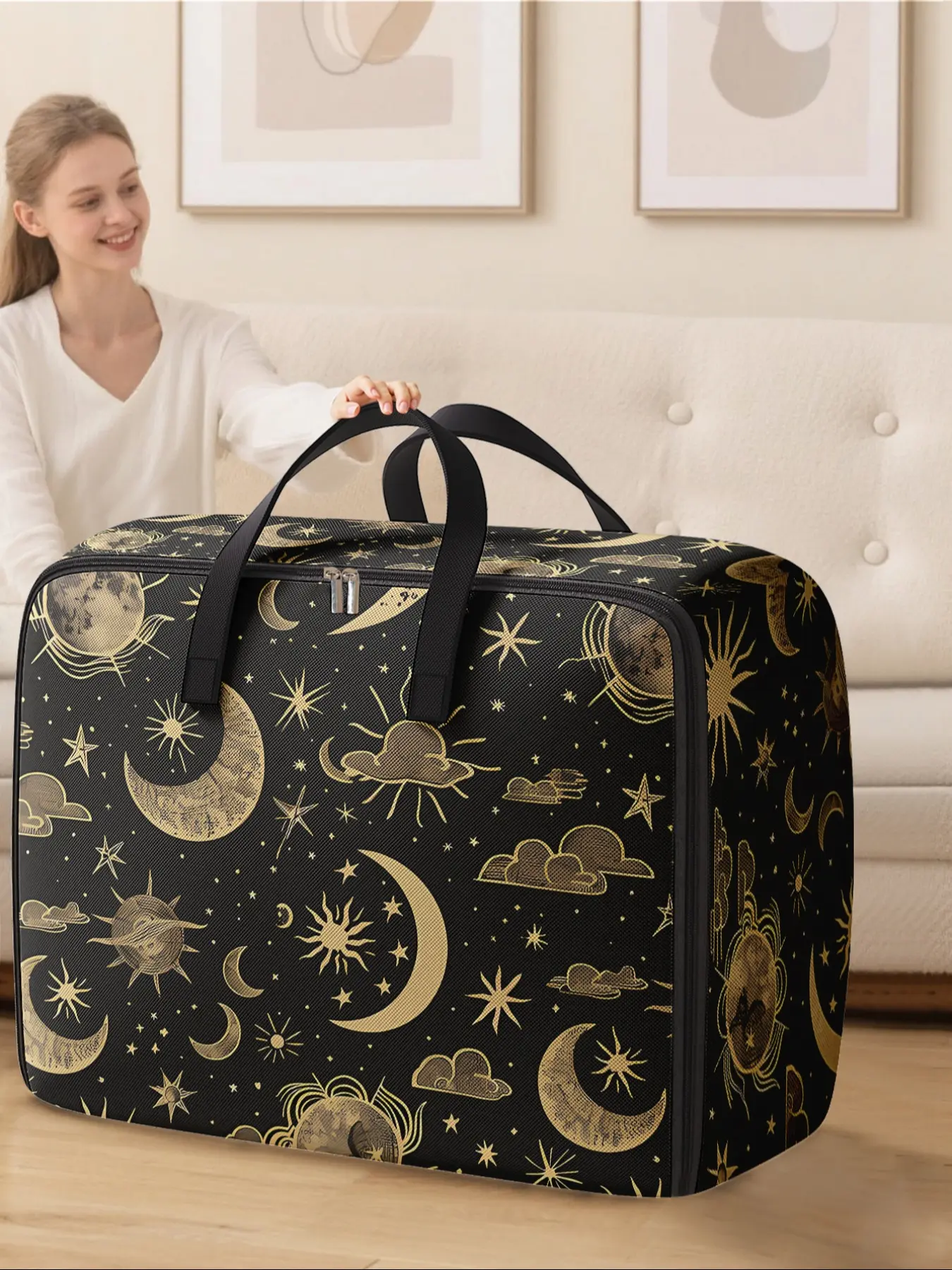 Sun Star Moon Pattern Storage Box, Space-Saving Large Handheld Organizer, Portable Storage Organizer, Durable Storage Organizer, Ideal for Moving Travel Camping Dormitory Bedding