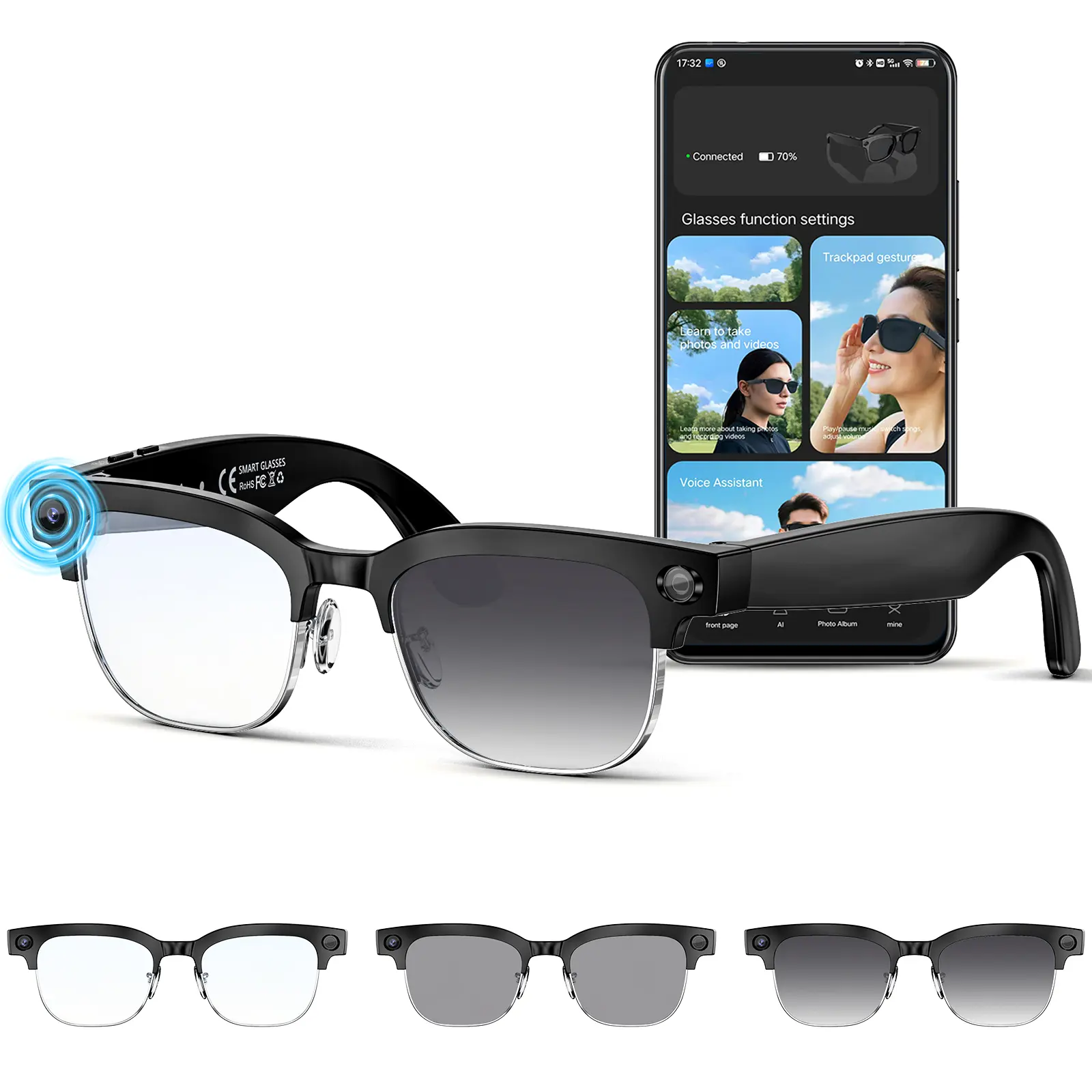 8MP Photochromic Smart Glasses Camera Device - Magnetic, Water Proof Sunglasses with Camera, Button Touch Adjustment, Bluetooth Wireless Video Recording, UV Protection, Music Support for Travel, Casual Outdoor Adventures, Photochromic Lenses (With Camera)