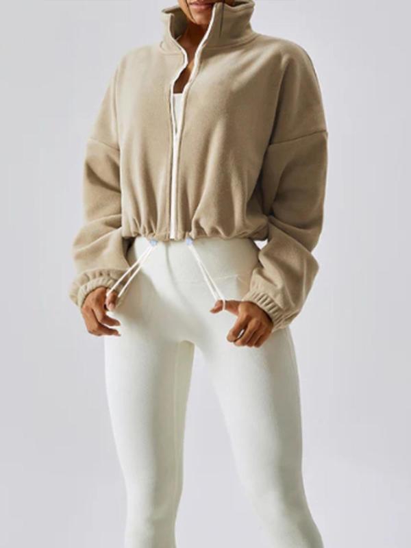 Women's Cropped Zip-Up Jacket - Fleece Casual Top with 'ADA' Print for Daily & Leisure. Adjustable Drawstring Waist Jacket in Navy/Beige/Black Winter Fashion Clothing