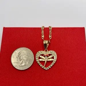 Gold plated clear rhinestone heart with red eyed dragon fly necklace
