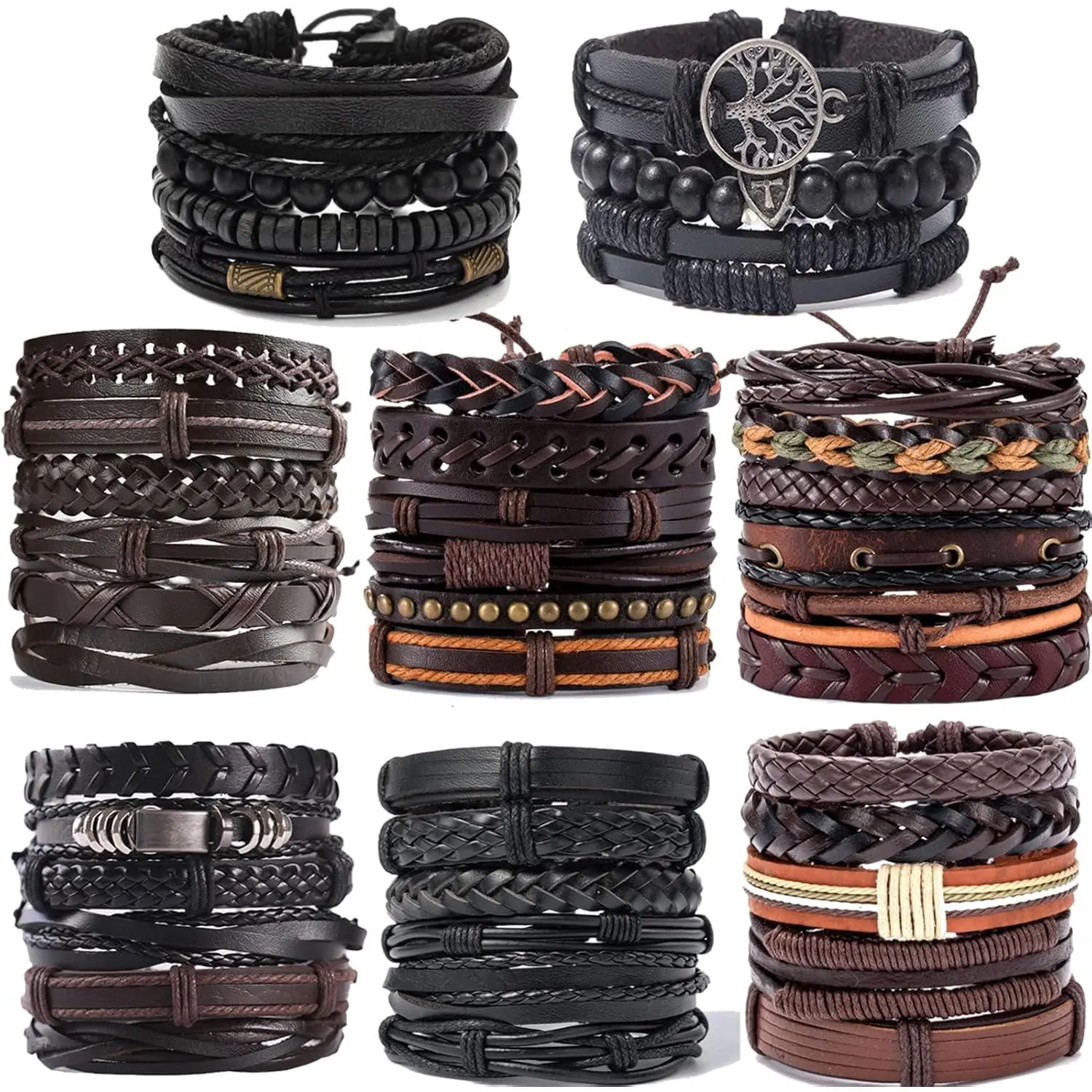 44Pcs Braided Leather Bracelets for Men Women, Adjustable PU Leather Beaded Bracelet Set, Boho Vintage Stackable Wristbands with Tree of Life Charm