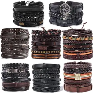 44-Pcs Braided PU Beaded Stackable Bracelets - Handmade Adjustable Cuff Wristbands with Wood Beads, Boho Style Jewelry, Trendy Stack Bangle, Ethnic Vibe Trendy Jewellery Accessories for Women, Casual Accessories