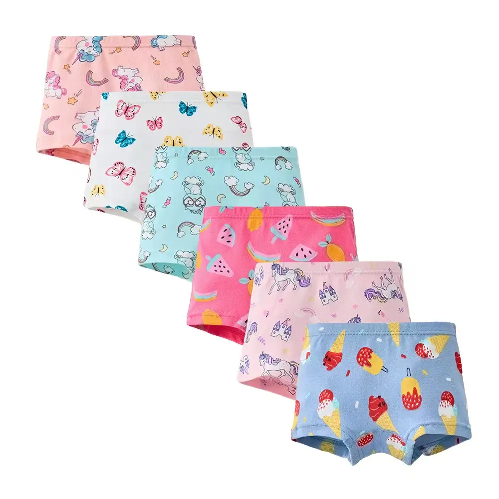 New 12pcs Soft Cotton Boxer Shorts for Young Girls - Breathable, Comfortable All-Season Underwear Undergarments, Youth Underwear Clothes with Cute Cartoon Designs (Random Beautiful Patterns), Colorful Underwear, Cute Designs