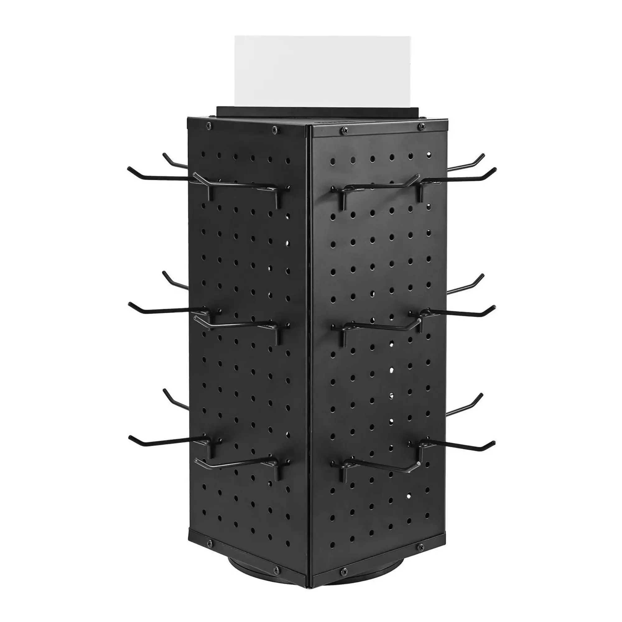 4-Sided Rotating Pegboard Display Stand with 24 Hooks, Countertop Spinner Rack for Retail, Jewelry, Keychains & Crafts, Black Metal