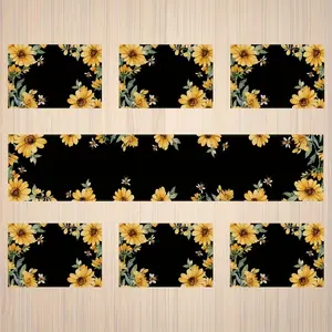 7-Piece Set Background Sunflower & Bee Table Runner and Placemats, Linen Place Mats for Holiday Gatherings, Dinner Weddings, Farmhouse Kitchen Decor