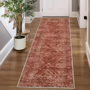 Machine Washable Low Pile Rug, Modern Non-Slip Abstract Geometric Accent in Brick Red, Soft, Collapsible, and Mark-Resistant for Hallway, Entryway, Bedroom & Living Room, 2*6ft/5*7ft/6*9ft/2x8ft/10*13ft /9*12ft