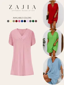 Women's Spring Summer V-Neck Pleated Batwing Sleeve Dress, Cross Border Spot 2026, European and American Style, Casual Wear, New Arrival, Casual Everyday Wear