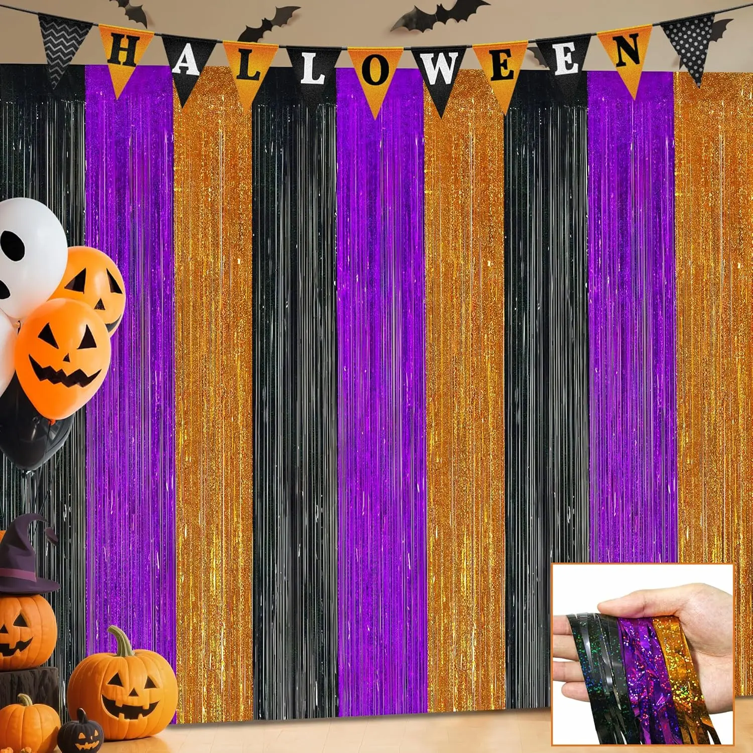 Halloween Party Decorations, 3 Pack Glitter Foil Fringe Curtains, 3.3 x 6.6 ft Orange Purple Black Tinsel Backdrop, Halloween Photo Booth Props, Metallic Streamers for Birthday, Trick or Treat & Holiday Party Decor
