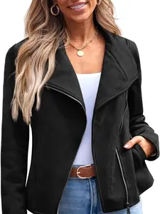 Womens Faux Leather Jackets Suede Fall Fashion 2024 Outfits Winter Clothes Open Front Cropped Coat Outwear * LooKo