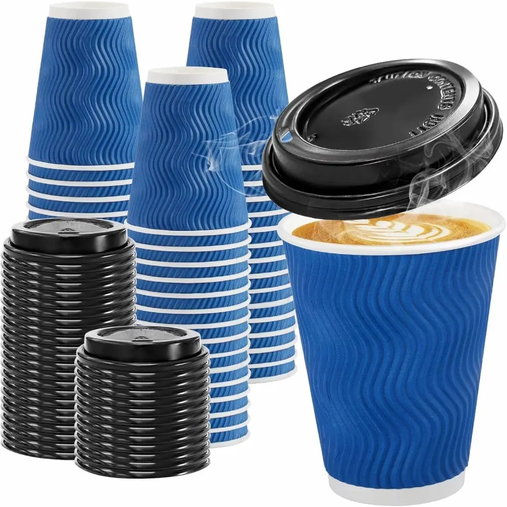 100-Pack Thick 12oz Disposable Insulated Ripple Wall To-Go Paper Coffee Cups Set with Leak-Proof Lids, Easy to Hold, for Hot/Cold Drinks, Office/Party Use, Navy, Satisfaction Guarantee, Disposable Cups