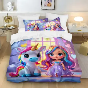 Three-piece Colorful Unicorn and Little Girl patterned quilt cover set. The 3-piece set includes 1 quilt cover and 2 pillowcases (without quilt filling and pillow filling). It is soft and breathable, suitable for bedrooms, etc. Soft Bedding Sets