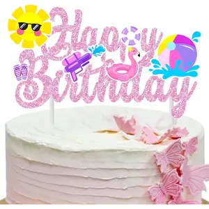F-PSD22  Pool Party Birthday Cake Topper Summer Pool Birthday Party Decorations Pink Glitter Summer Beach Happy Birthday Cake Topper Decorations for Boys Girls Summer Holiday Birthday Party Favor Supplies Cardboard Shiny