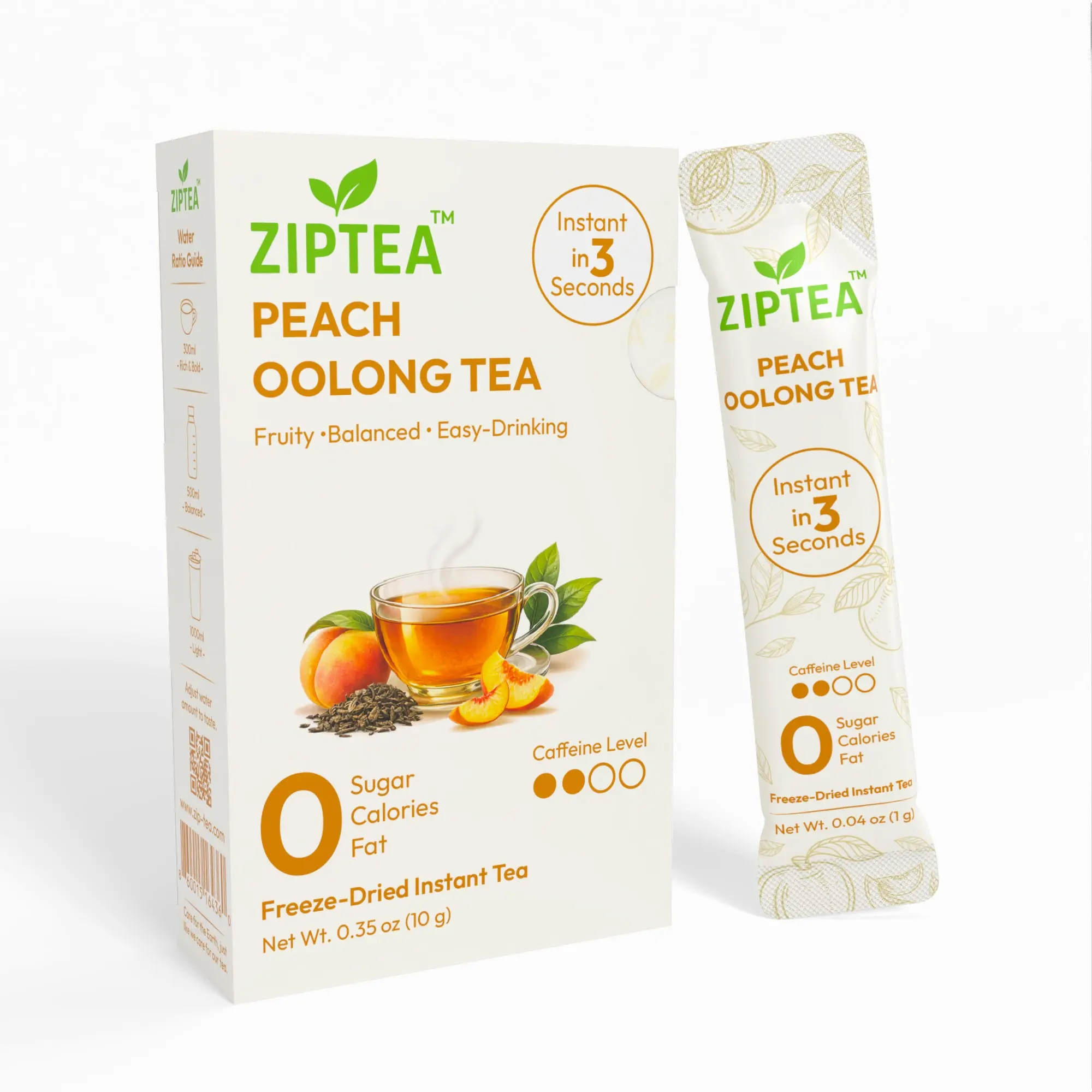 ZIPTEA Peach Oolong Tea, Freeze-Dried Instant Tea, 0 Sugar, 10 Stick Packs, Natural Beverage for Hot or Cold Preparation
