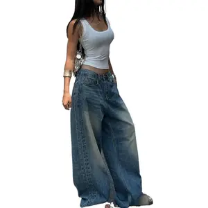 Vintage Blue Washed Straight-Leg Jeans For Women, American Design Loose Casual Wide-Leg Dragging Long Pants Denim Fit Womenswear Bottom