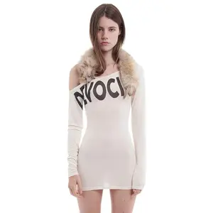 Women's Streetwear One Shoulder Long Sleeve Bodycon Dress - Letter Print Asymmetrical Mini Dress, Y2K Sexy Tight Clubwear track dress