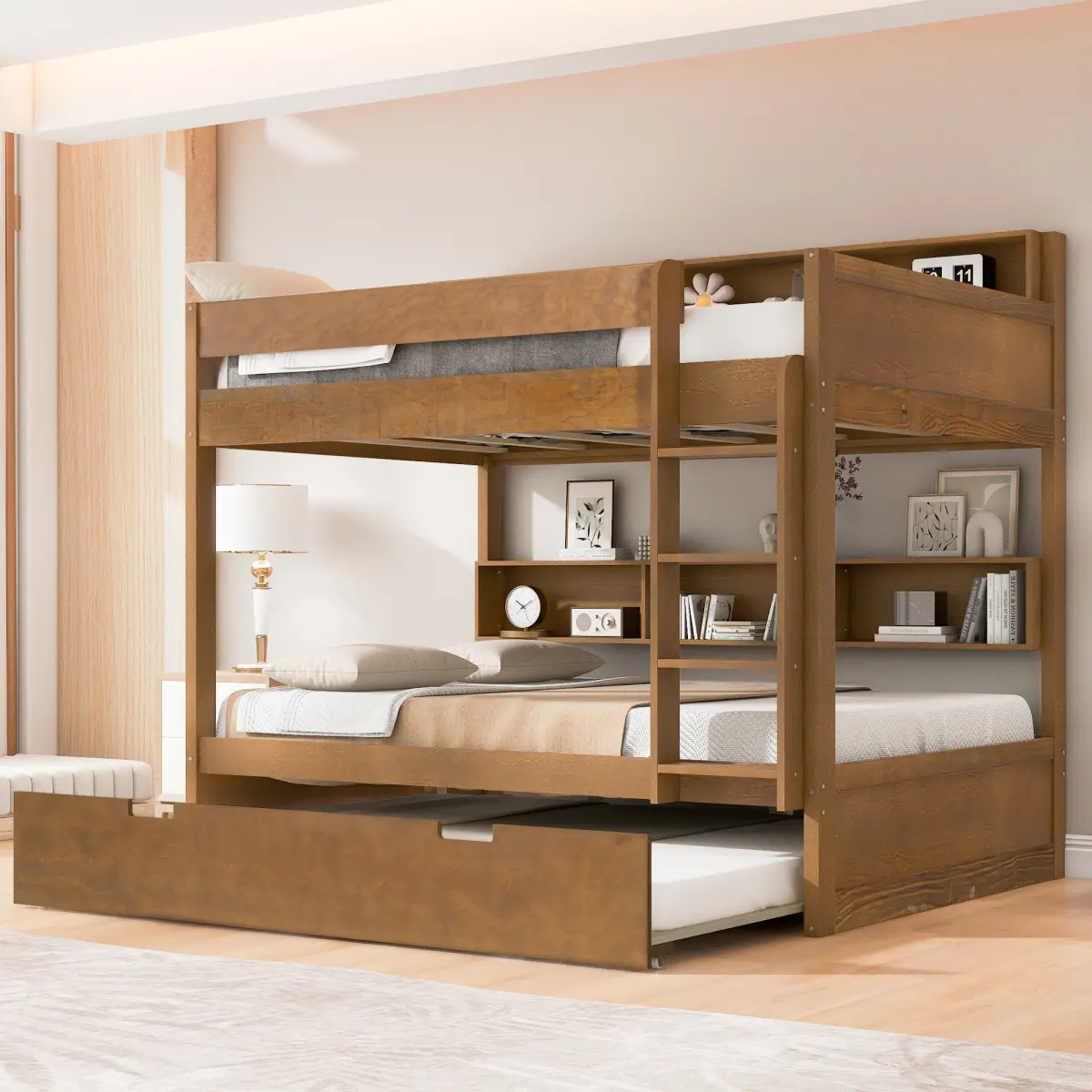 Twin over Twin Bunk Bed with Trundle and Storage, Wooden Bunk Bed Frame with Bookcase Sideboard, Antique Wood