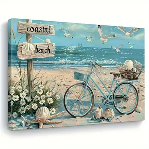 1pc Coastal Beach Scene Canvas Art with Wooden Frame - Vintage Bicycle and Seashells Wall Decor for Bedroom, Bathroom, Living Room, Office - Pine Wood Framed Ink Painting, Beach Theme Decor